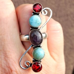 New Amethyst, Larimar & Garnet 925 Silver Statement Ring.